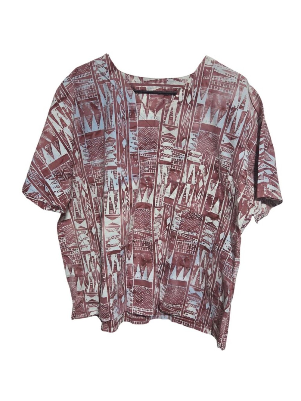Vintage Scrub Top Womens Size 2X Red White Tribal Geometric Print Relaxed Fit